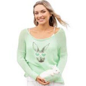 NWT Womens Wooden Ships Pastel Green Gray Hip Hare Slouchy Crew Sweater S/M